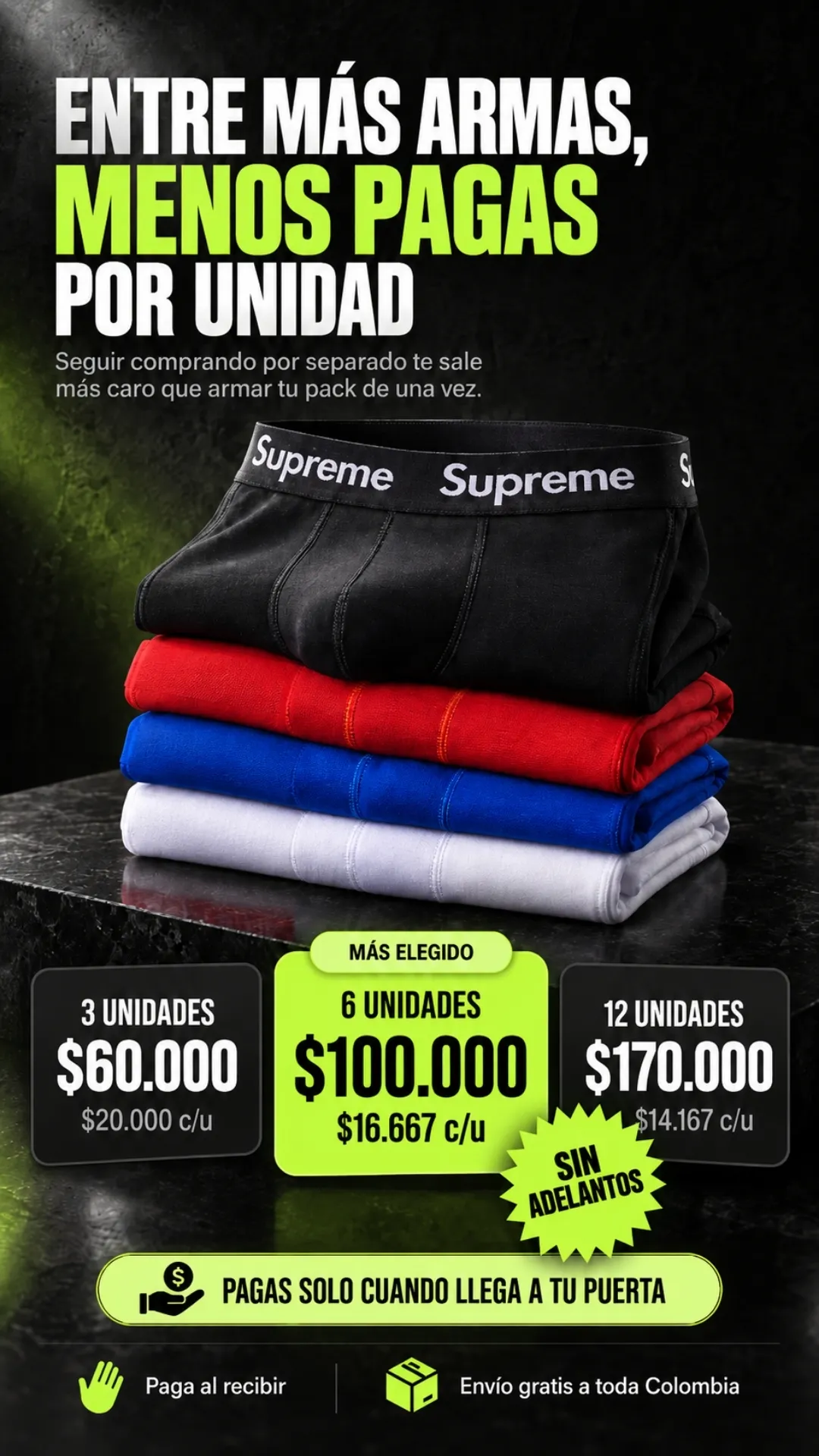 Packs de 3, 6 y 12 bóxers Supreme con precios y pago contraentrega.