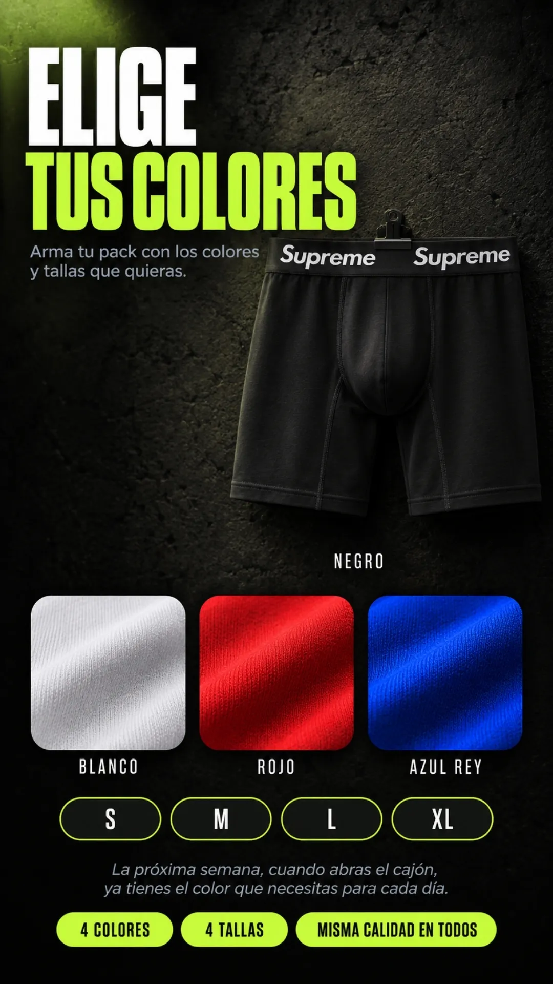 Colores negro, blanco, rojo y azul rey. Tallas S, M, L y XL.